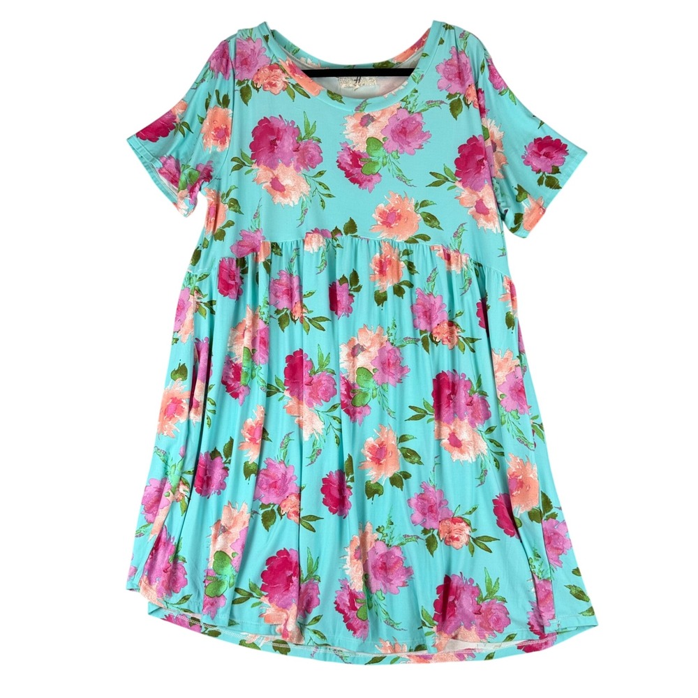 H Aqua Blue Pink Floral Babydoll Dress Short Sleeve Side Pockets 1X